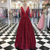 Charming Burgundy V Neck Sleeveless Sequin Prom Dress A Line Formal Party Dress OKI56