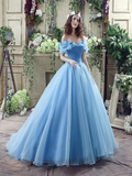 Princess Ball Gown Off Shoulder Blue Long Prom Dress,Quinceanera Dress OKG46