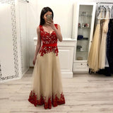 A Line Tulle Long Prom Dresses With Red Appliques,Junior Party Prom Dresses OKI15