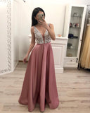 A Line Beading Satin Prom Dress, V Neck Sleeveless Cheap Prom Dress OKI16