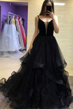 A-Line Black Tulle Long Prom Dress Spaghetti Straps Evening Dress OK1223