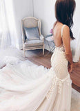 Charming Mermaid Ivory Sexy Sleeveless Lace Wedding Dresses OKC82