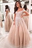 Tulle Lace Long Appliques A Line Prom Dress Off the Shoulder Formal Evening Dress OK1250