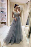 Gray A-Line Tulle Lace Appliques Long Prom Dress Cap Sleeves Evening Dress OK1215