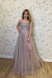 Stylish A-Line Tulle Beads Long Prom Dress With Slit Spaghetti Straps Evening Dress OK1220