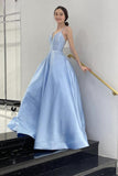 A-Line Satin Blue Long Prom Dress Spaghetti Straps Formal Evening Dress OK1227