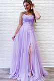 Lilac Purple A-Line Tulle Lace Appliques Long Prom Dress Evening Dress OK1224