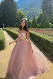 Strapless A-Line Pink Tulle Lace Top Long Prom Dress Formal Evening Dress OK1214