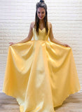 Yellow A-Line Satin Long Prom Dress Spaghetti Straps Formal Evening Dress OK1230