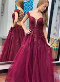 Burgundy A-Line Tulle Lace Appliques Long Prom Dress Formal Evening Dress OK1222