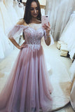 A-Line Lulle Pink Long Prom Dress Lace Appliques Formal Evening Dress OK1229