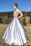 A-Line Satin V Neck Beading Long Prom Dress V Back Evening Dress OK1225
