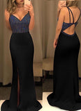 Mermaid Long Prom Dress Beaded Spaghetti Straps Evening Dress With Slit OK1253