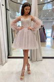 Cute Sweetheart Neck Tulle Long Sleeves Short Prom Dress Sequin Cocktail Dress OK1625