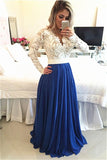 Long Sleeves Lace A-line Royal Blue Chiffon Beaded Prom Dress K730