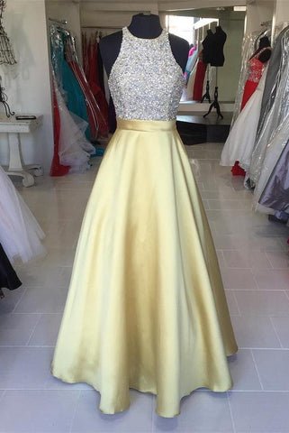 Yellow Satin Long Halter Beading Simple Cheap Prom Dress K697