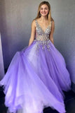 A Line Tulle V Neck Prom Dress with Beading Long 8th Graduation Dress Formal Dress OK1101