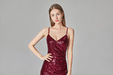 Burgundy Sequins Sheath Spaghetti Straps Prom Dress XU90811