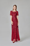 Burgundy Sheath Short Sleeves Round Long Prom Dress 90801