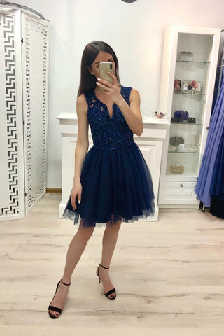 Dark Blue A Line V Neck Prom Dress, Tulle Short Homecoming Dress OKJ21