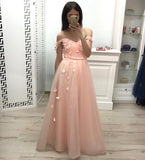 A Line Off the Shoulder Long Prom Dress, Pleats Prom Gown With Flowers OKJ20