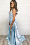 Glamorous Blue V Neck Lace Sleeveless Sexy Mermaid Prom Dress Evening Dress OK1264