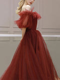 Burgundy Off Shoulder Tulle Long Prom Dress A Line Formal Evening Dress OK1271