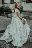 Princess Lace V Neck Backless Boho Wedding Dress A-line Lace Bridal Gown OKV57