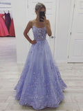 Lavender Lace Appliques A-line Tulle Long Prom Dresses Evening Party Dress OK1172