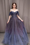 Ombre A Line Dark Purple Tulle Long Prom Dress Evening Party Dress OK1162