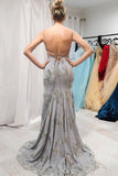 Elegant Mermaid Silver Lace Long Prom Dress Spaghetti Straps Evening Party Dress OK1637