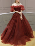 Burgundy Off Shoulder Tulle Long Prom Dress A Line Formal Evening Dress OK1271