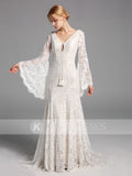 A-line Lace Long Sleeves Wedding Dresses V Neck Bridal Gowns W0028OK