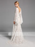 A-line Lace Long Sleeves Wedding Dresses V Neck Bridal Gowns W0028OK