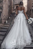 A Line Sweetheart Long Cheap Tulle Wedding Dress with Lace Appliques OKM81