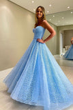 A Line Blue Lace Strapless Long Prom Dress. Sweetheart Formal Evening Dress OK1191