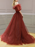 Burgundy Off Shoulder Tulle Long Prom Dress A Line Formal Evening Dress OK1271