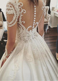 Attractive Satin Sheer Jewel Neckline Long Sleeves Wedding Dress With Lace Appliques OK869