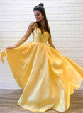 Yellow A-Line Satin Long Prom Dress Spaghetti Straps Formal Evening Dress OK1230