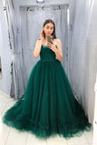Ball Gown Tulle Green Long Prom Dress Spaghetti Straps Formal Evening Dress OK1231
