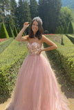 Strapless A-Line Pink Tulle Lace Top Long Prom Dress Formal Evening Dress OK1214