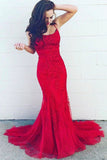 Red Mermaid Lace Appliques Long Prom Dress Spaghetti Straps Evening Dress OK1221