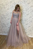 Stylish A-Line Tulle Beads Long Prom Dress With Slit Spaghetti Straps Evening Dress OK1220