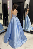 A-Line Satin Blue Long Prom Dress Spaghetti Straps Formal Evening Dress OK1227