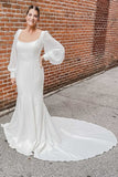 Charming Square Neck Long Sleeves Satin Backless Mermaid Wedding Dress OK1621