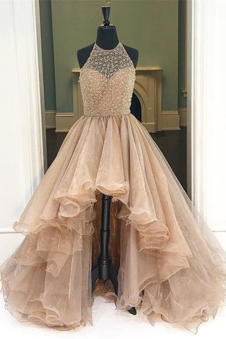 Short Front Long Back Halter Beading Open Back Prom Dress K713