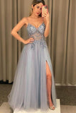 Silver Grey A-line Tulle Beaded Long Prom Dress Formal Evening Dress Graduation Party Dress OKY63