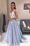 A Line Tulle Long Appliqued Prom Dress Spaghetti Straps Evening Dress OK1100