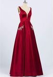 V Neck Prom Dress with Beads Pockets A-line Burgundy Satin Long Party Dress OKY53