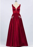 V Neck Prom Dress with Beads Pockets A-line Burgundy Satin Long Party Dress OKY53